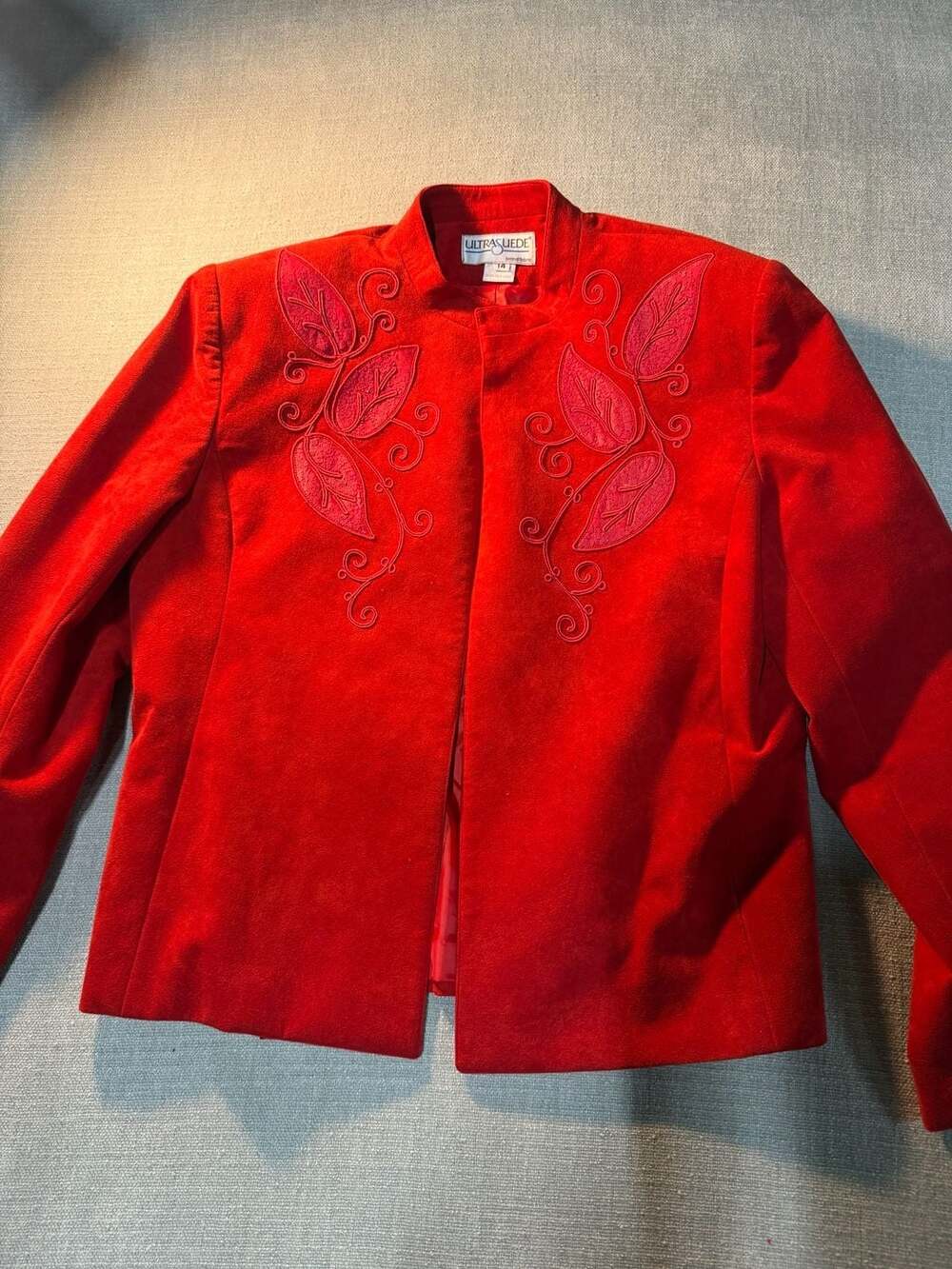 Ultrasuede Brand Fabric Red Embroidered Open Front Blazer Jacket Size 14